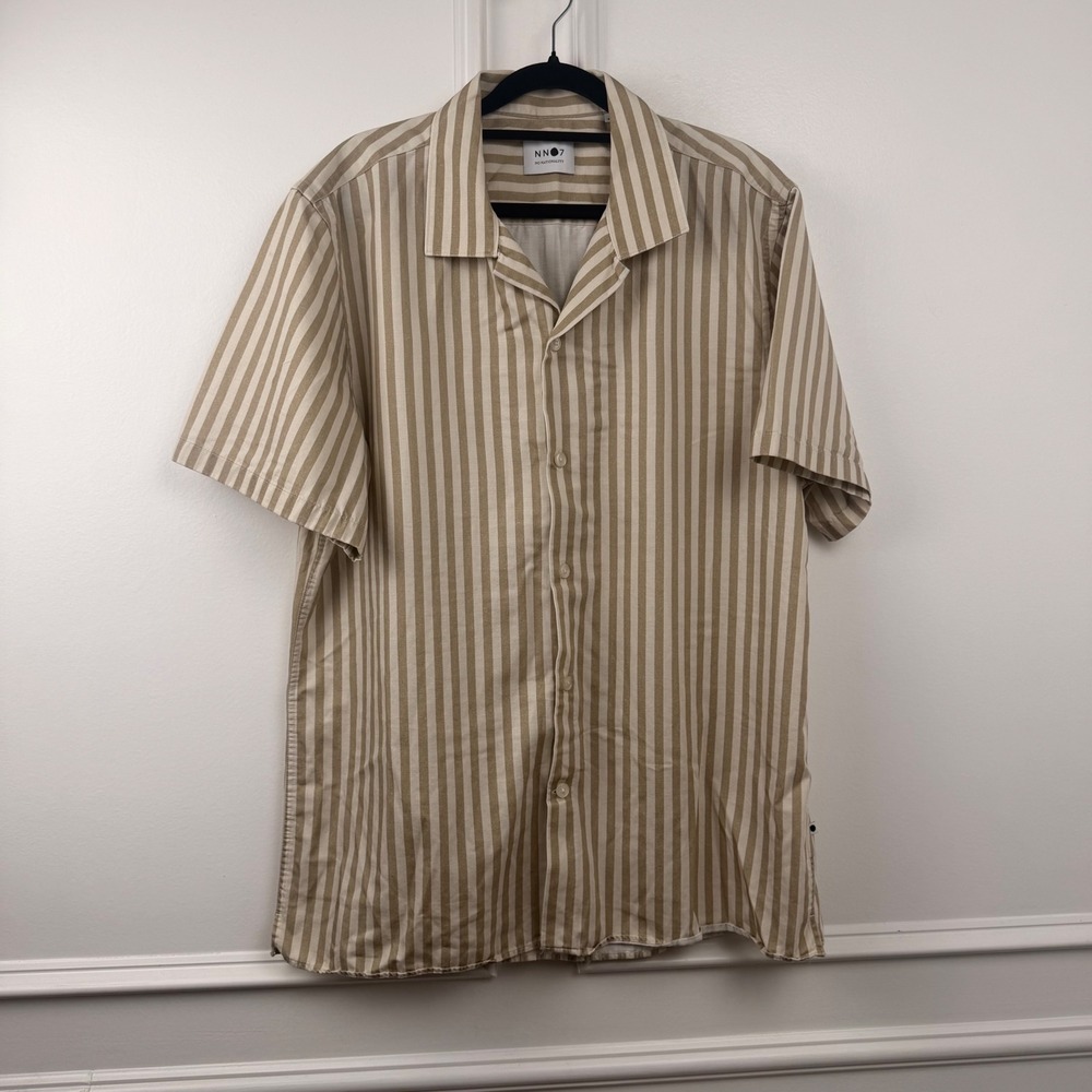 NN07 No Nationality Miles Striped Short Sleeve Shirt Khaki Tan Mens XL 9015